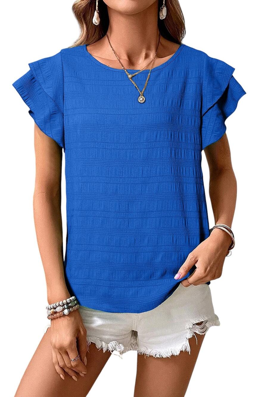 Dark Blue Textured Ruffled Short Sleeve Round Neck Top New  Small